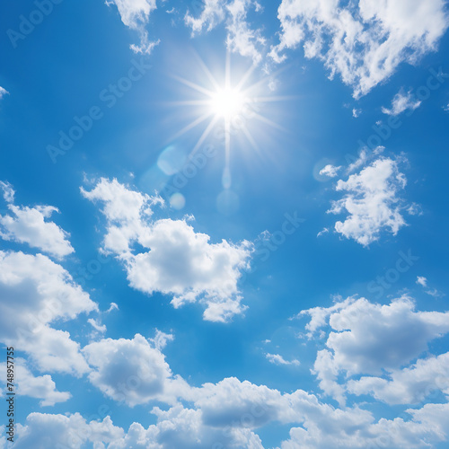Scenic Bright blue sky with puffy clouds on a clear sunny day with sun in the sky