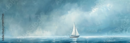 Sailboat in a misty ethereal landscape - A dreamlike portrayal of a sailboat amidst a mystical shrouded sea and sky, evoking a sense of quietude