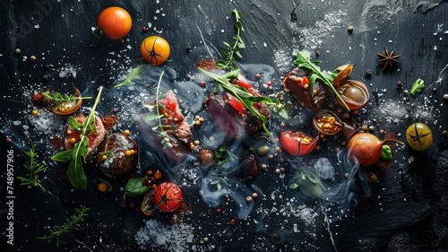 Overhead view of elaborate gourmet dish presentation - An exquisite presentation of gourmet food artfully arranged, showcasing a variety of flavors and textures on a dark backdrop