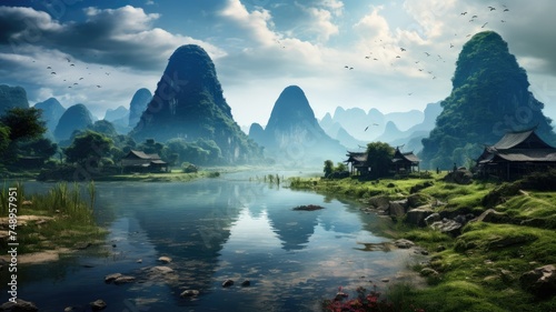 Serene landscape of Guilin mountains with river - Majestic landscape capturing the serene beauty of Guilin's mountains reflected in the river, with traditional architecture and flying birds