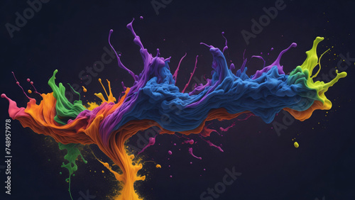 Colorful paint splashes isolated on dark background. 3d render, Holi festival