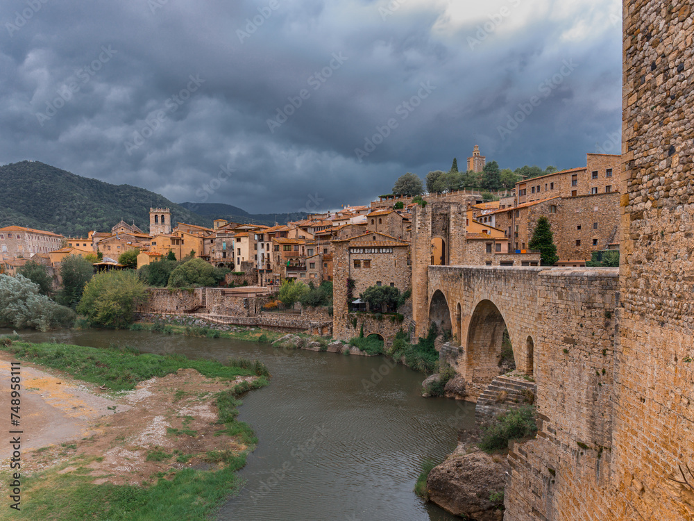 The view on the medieval town Besalu and River Fluvia from a bridge - Catalonia