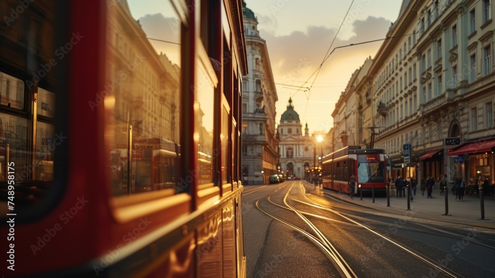 Capturing the scenic beauty of Vienna through the tram window, picture,charming streets, and vibrant urban life.