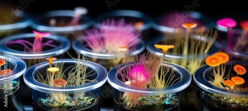 Mold and other fungi samples grown in laboratory petri dishes for mycology and microbiology research photo