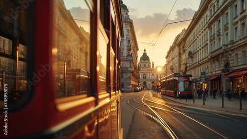 Capturing the scenic beauty of Vienna through the tram window  picture charming streets  and vibrant urban life.