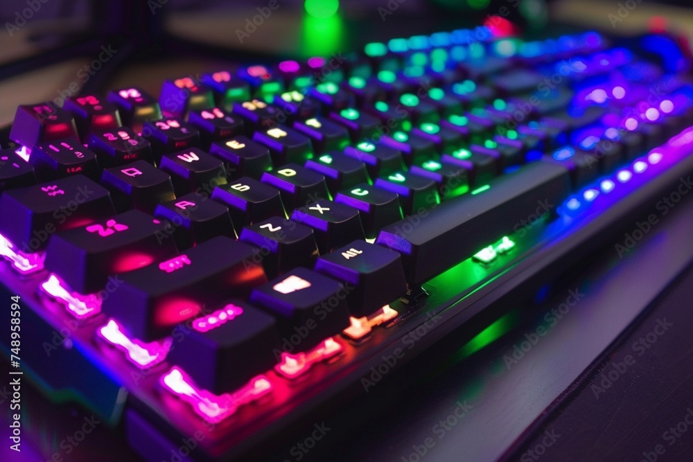 Working on a neon computer keyboard with colored backlighting. Computer video games, hacking, technology, internet concept. Selected focus.