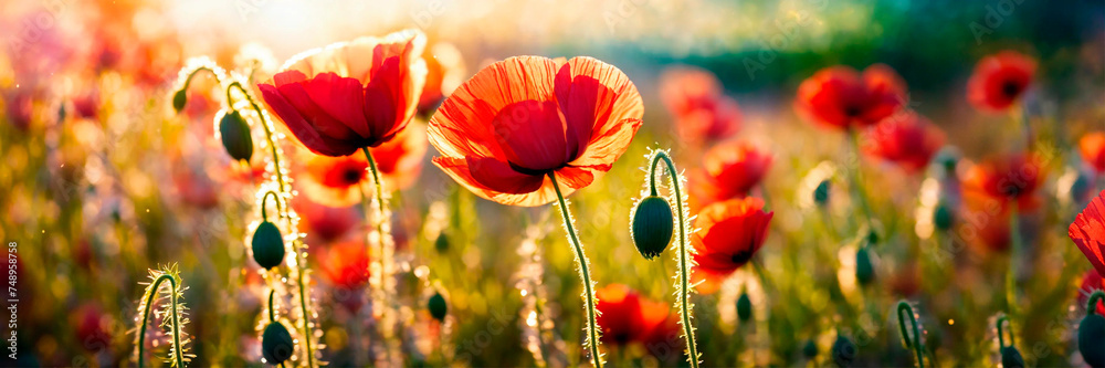 field with blooming poppies. Selective focus. - obrazy, fototapety, plakaty 