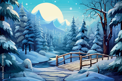 Winter cartoon illustration, the road to a lake in winter