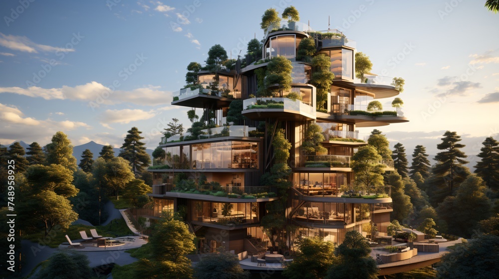 a building with trees and plants on it