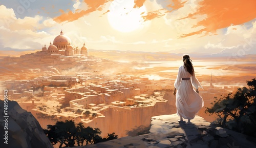 a woman in a white robe looking at a city photo