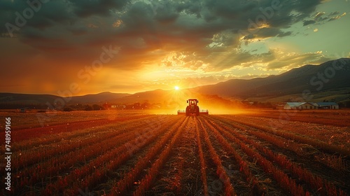 A tractor plows a field under the colorful sunset sky