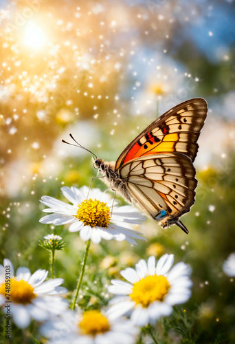 butterflies on chamomile flowers. Selective focus. © yanadjan