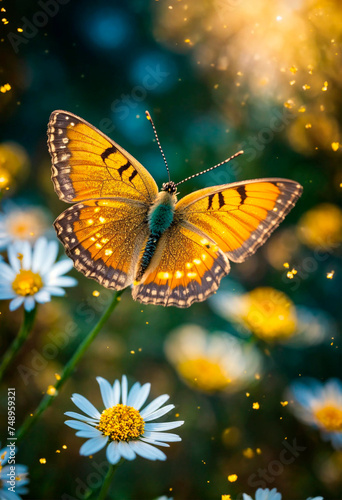butterflies on chamomile flowers. Selective focus.