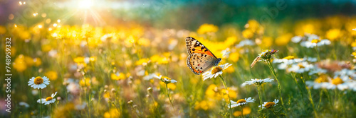 butterflies on chamomile flowers. Selective focus. © yanadjan