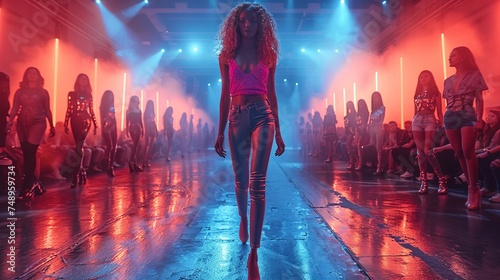 a woman is walking down a runway in front of a crowd of people