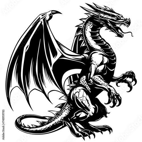 Majestic Angry Dragon Illustration Vector in Black and White 