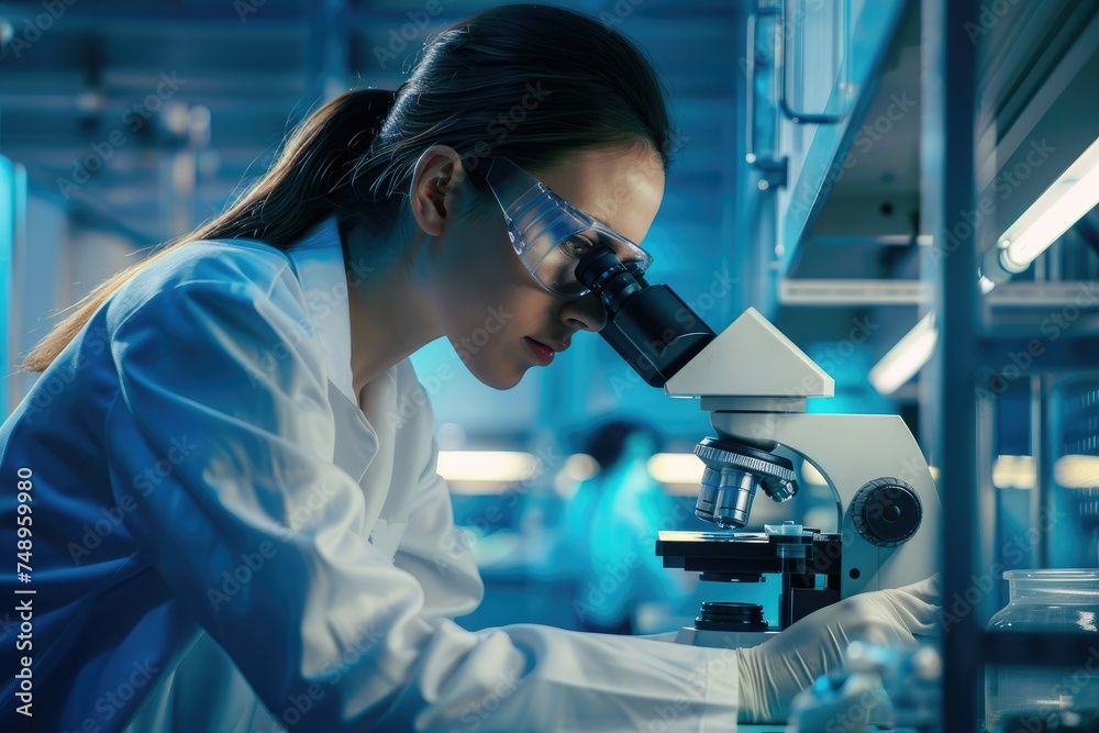 Scientist examining samples under microscope - Female researcher in lab coat closely studies specimens with a microscope in a blue-hued laboratory setting Scientist examining samples under microscope - Female researcher in lab coat closely studies specimens with a microscope in a blue-hued laboratory setting