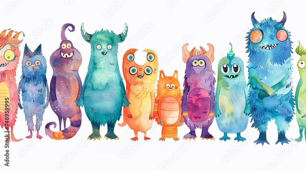 Monsters collection, set of funny cute cartoon colorful monsters for children, fantasy adorable friends isolated on white, colorful cartoon illustrations of monsters stand in a line, greeting cards. - obrazy, fototapety, plakaty 