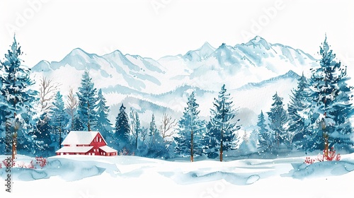 Merry Christmas cards print of winter forest surrounded cabin landscape watercolor drawing isolated on white, wooden sweet home among snowy winter forest .