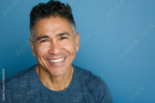 Middle Aged Latino Man with a Friendly Smile on a Blue Background © Karl