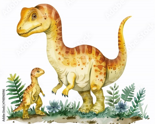 Cartoon dinosaur mom and her baby isolated on white background  watercolor illustration of children s book Dino characters.