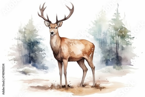 A deer with large antlers stands in a grassy area with trees in the background. The sky is white.