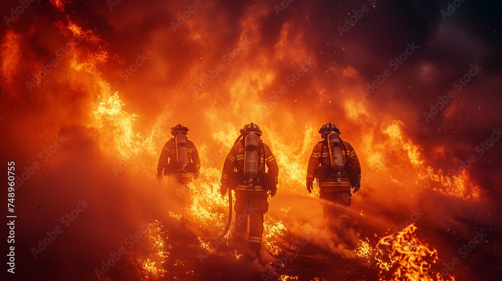three firefighters are standing in front of a large fire - obrazy, fototapety, plakaty 