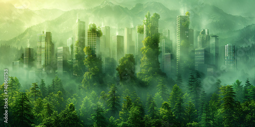 green eco city concept in the mountains, futuristic high-tech city with advanced infrastructure, science fiction cityscape