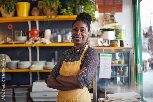 Confident African American cafe or bistro owner standing with arms crossed, embodying entrepreneurship and small business spirit.

