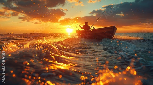 a man is fishing in a boat in the ocean at sunset