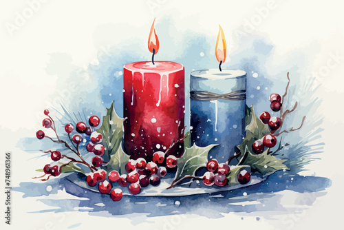 Vintage sketch invitation with green christmas candles watercolor light background for decoration design. Cartoon vector illustration.