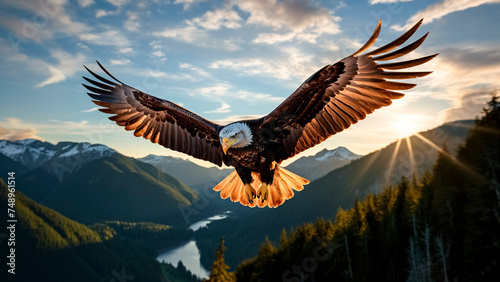 Majestic American Bald Eagle Soaring Over Rugged Mountain Peaks Background. Freedom in Flight.