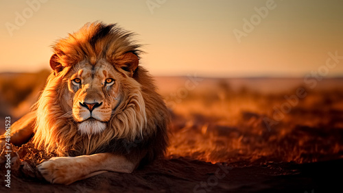Majestic Lion Basking in Golden Hour on the African Savannah. Majestic Wildlife. Copy Space.