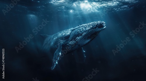 Light filters through the water, highlighting a humpback whale and its calf in a synchronized swim. The dance of sunlight and shadow plays across their forms, creating an underwater ballet © Nakarin