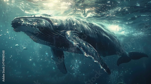 Light filters through the water  highlighting a humpback whale and its calf in a synchronized swim. The dance of sunlight and shadow plays across their forms  creating an underwater ballet