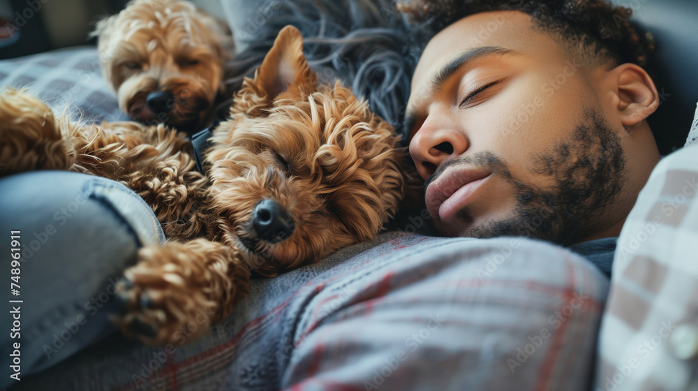 Man napping with two Yorkshire Terriers on a couch. - obrazy, fototapety, plakaty 
