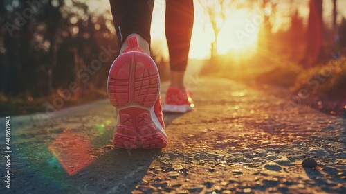Runner feet running on road closeup on shoe. woman fitness sunrise jog workout welness concept. 