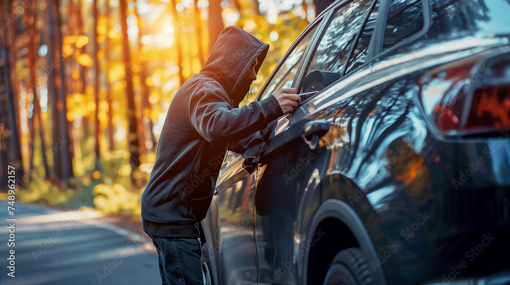A man wearing a black hoodie is using a screwdriver to break into a car - obrazy, fototapety, plakaty 