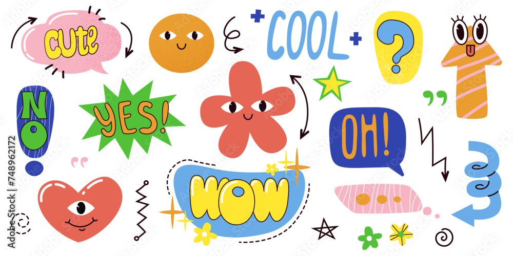 Set of doodle. Collection of contemporary figure, speech bubble with text, arrow, heart in funky groovy style. Chat design element. Hand drawn vector illustrations isolated