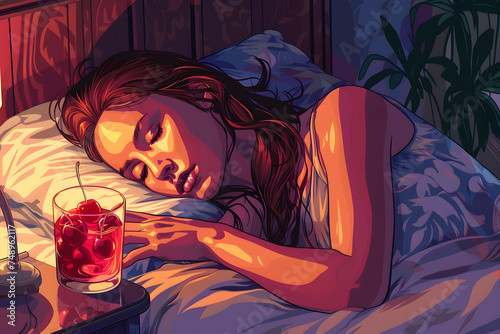 A young girl is sleeping in her bed and there is sleepy girl mocktail on the bedside table