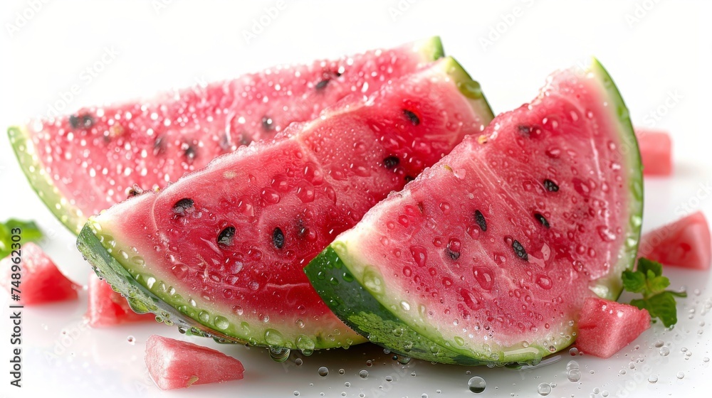Fresh watermelon. Close up, delicious watermelon slices. Healthy fruit, sweet, water droplets, dew. Isolated on white.