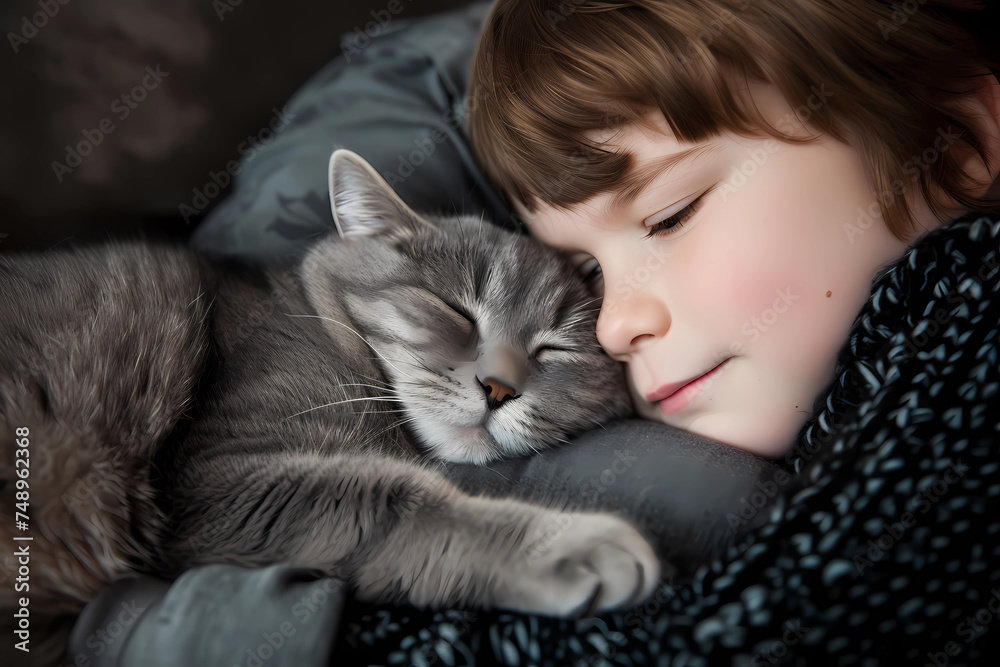 A young boy finds solace and joy as he tenderly cuddles with his Scottish Straight cat, creating a poignant display of profound companionship and an unspoken bond filled with genuine love & affection