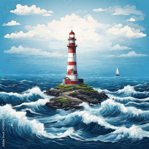 Serene Seascape: Vector Illustration of a Blue Sea Background, Adorned with Gentle Waves and a Majestic Lighthouse