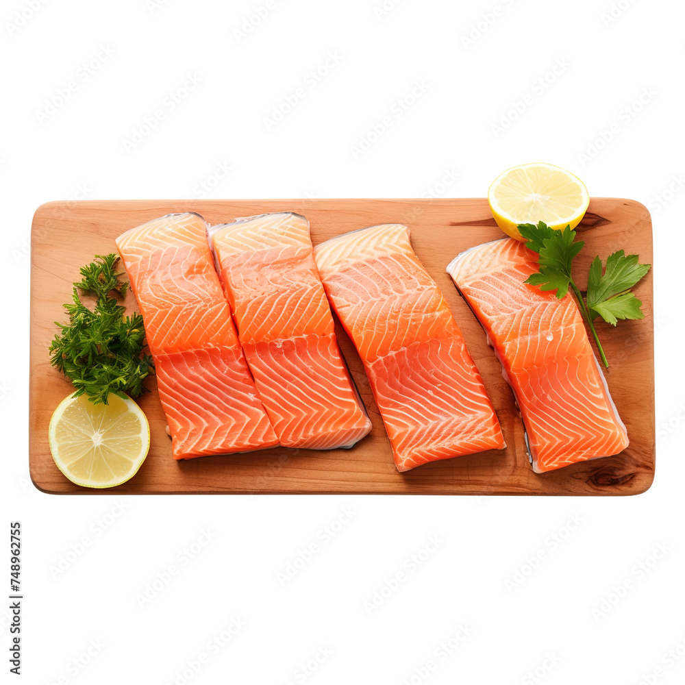 fresh raw salmon fillet with lemon on transparent background, clipping path, png, fresh raw salmon fillet with lemon on transparent background, clipping path, png,