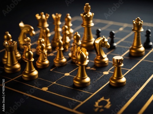 Futuristic Business Strategy: Graphic Icon Featuring a Golden Chess Board Game in Black Color Tones. Conceptualizing Innovative and Forward-Thinking Business Ideas.