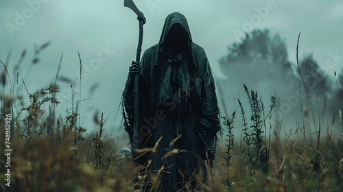 Symbolic image of the grim reaper holding a scythe representing death. Concept Death, Grim Reaper, Scythe, Symbolism, Fear