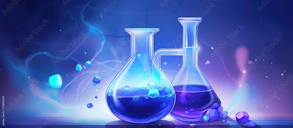 Two beakers filled with liquid are displayed on a blue research chemical scientific banner, with a purple glass flask in the background. The beakers contain different colored liquids, adding a visual Two beakers filled with liquid are displayed on a blue research chemical scientific banner, with a purple glass flask in the background. The beakers contain different colored liquids, adding a visual