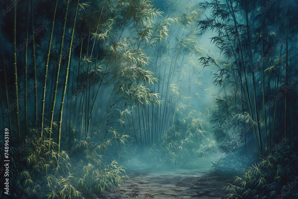 Fototapeta premium Moonlit Serenity in Ethereal Bamboo Forest: A Mystical Twilight Dance of Light and Shadows Amidst Whispering Greenery