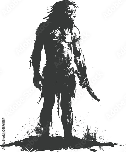 Silhouette ancient caveman black color only full body