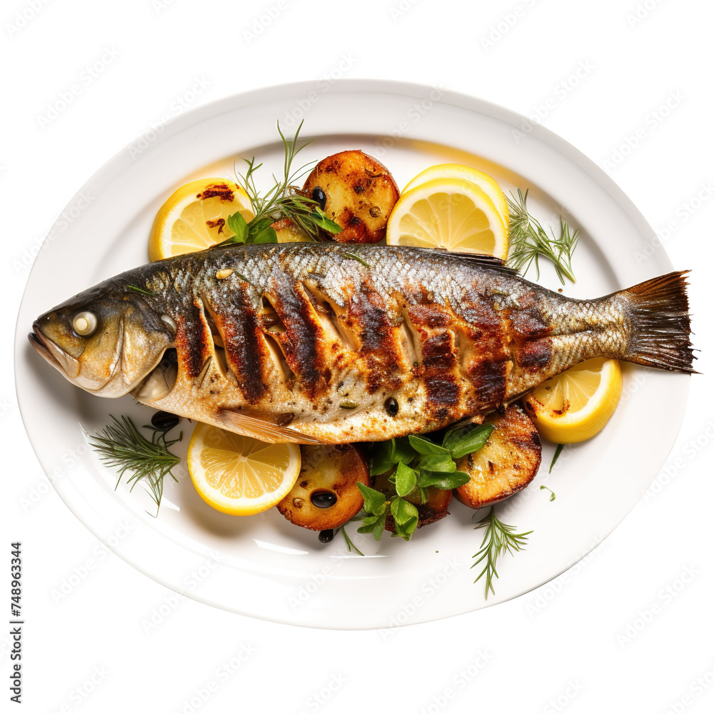 grilled fish with lemon and herbs on a plate on transparent background, png, clipping path, grilled fish with lemon and herbs on a plate on transparent background, png, clipping path,